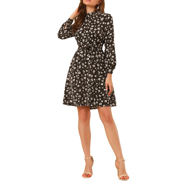 INSPIRE CHIC Robe à Manches Longues pour Femme, Florale, Évasée, à Nouer à la Taille, Col Smock
