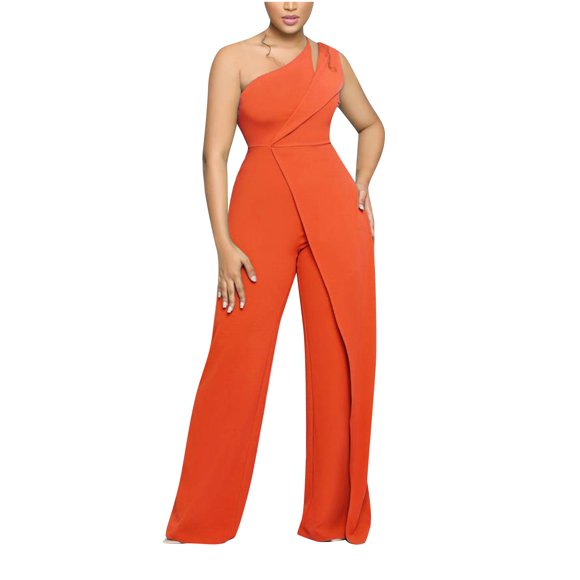 Penkiiy Jumpsuits for Women Women's Solid Color Sexy Sleeveless One Shoulder Sling High WaistStraight Jumpsuit Orange S Jumpsuits