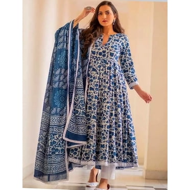 Aizza Trends Ensemble Kurti Anarkali Imprimé en Tissu de Coton pour Femmes avec Pantalon et Dupatta