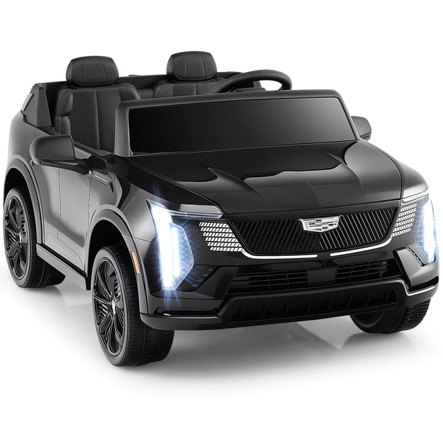 Costway 2 Seater Ride on Truck with Remote Control in a sleek black finish, designed for outdoor play and powered ride-on fun. Features include LED headlights, spacious seating for two children with safety belts, and easy operation via a steering wheel, joystick, foot pedal, and buttons. Parents can use the remote control for added safety, with adjustable speeds of 1.9-3.7 mph powered by a 24V rechargeable battery and dual 65W motors. The truck offers a smooth ride with 4-wheel spring suspension and slow-start functionality. Entertainment options include built-in music, stories, USB port, wireless connection, and double doors with safety locks.