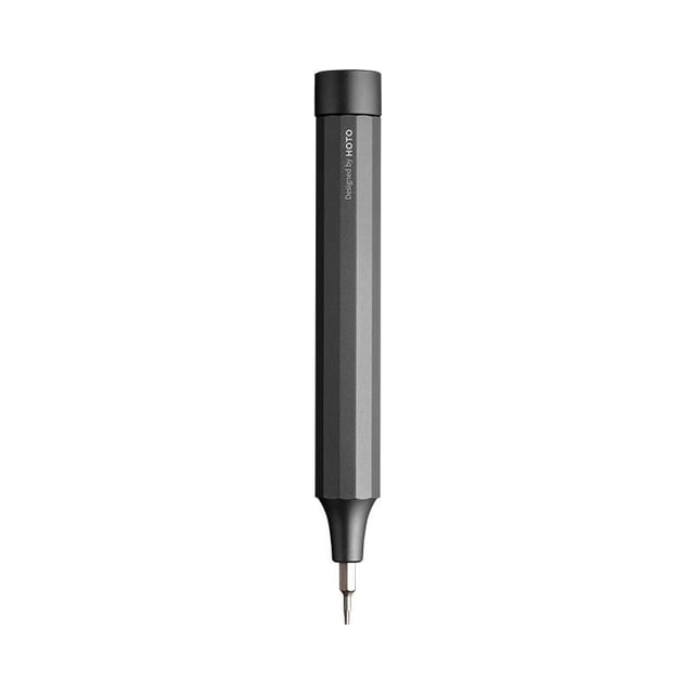 HOTO 24-in-1 Precision Screwdriver Set with a grey, pen-shaped aluminum handle featuring a slip-proof grip and a precision bit attached, ideal for hand tool use and home improvement repairs, suitable for tinkerers on the go.