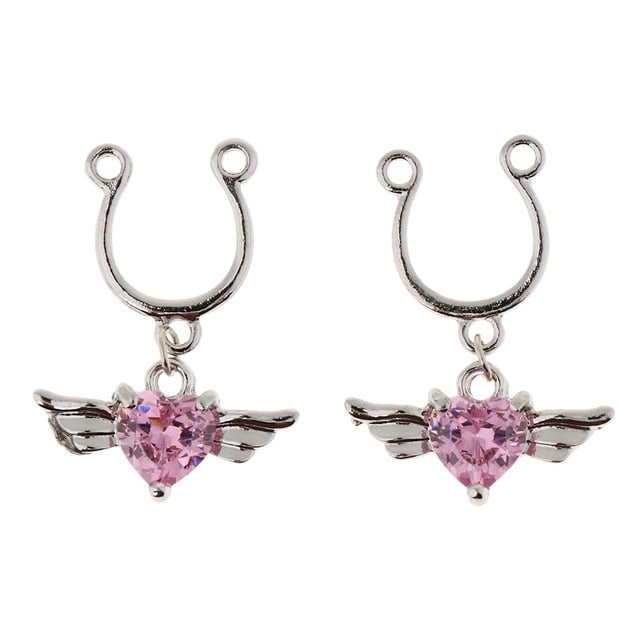 KLKCMS 1 Pair Angel Wing Heart Dangle U Shape Nipple Non Piercing Body Jewelry Pink