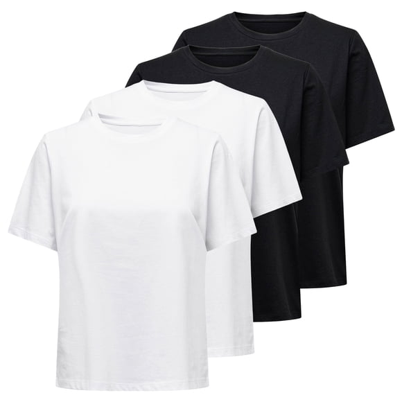 ONLY T-shirt pour Femmes, Lot de 4 - T-shirt Onlyly, Col Rond, Coton, Couleur Unie Blanc/noir TG (Très Grand)
