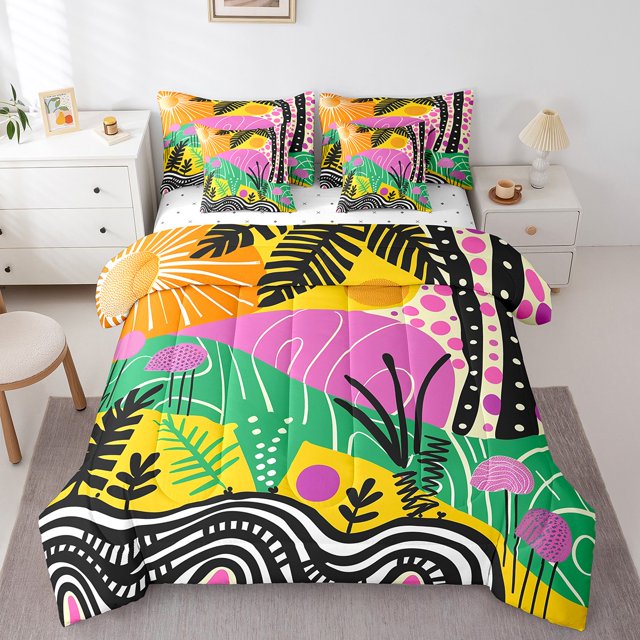 YST Ensemble Douillette 7 Pcs Tropical Palm Tree Simple Aquarelle Soleil Ensemble de Draps avec Douillette Hippie Graffiti Ensembles de Literie Rustique Rayures Colorées Lit en Sac, Noir Jaune Rose