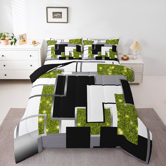 YST Abstract Geometric Comforter Set Full Lime Green Black Grey White Checkered Bedding Set Glitter Stars Sequins Down Comforter For Kids Boys Girls,Geometry Grids Quilt Duvet 3 Pcs