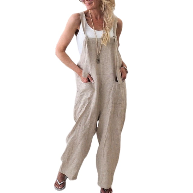 LUXUR Ladies Jumpsuits Solid Color Romper Sleeveless Overalls Classic Trousers With Pockets One Piece Pants Apricot M