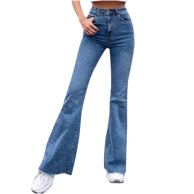 Teissuly Jeans pour Femmes Mode Taille Haute Jambe Grand Extensible Mince à Coutures Pantalon Évasé, Taille TP-L