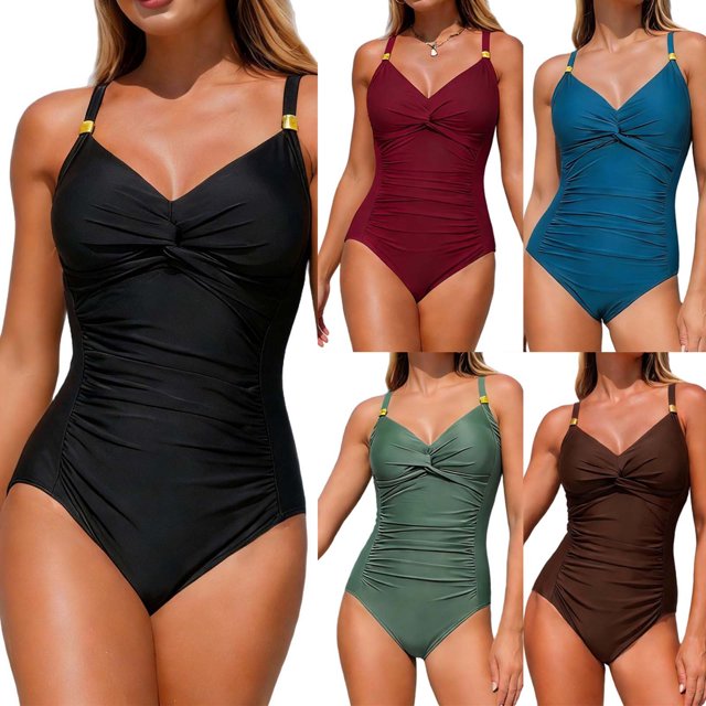 Jovati One-Piece Swimsuit for Women, V-Neck Padded Tankini with Adjustable Straps, Ruched Tummy Control, Nylon Spandex Blend, Solid Color, Beach Pool Wear
