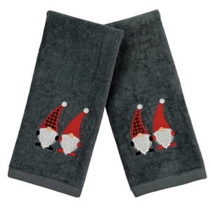 Ensemble de serviettes Gnomes de Noël: Serviettes à main gris foncé avec broderie blanche rouge Jolly Nordic Gnome, Ensemble de 2