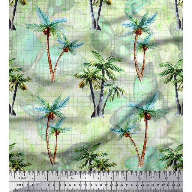 Soimoi Cotton Duck Fabric Check,Text & Coconut Tree Printed Fabric 1 Yard 56 Inch Wide
