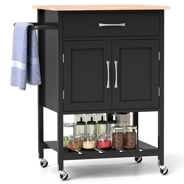 Gymax Rolling Kitchen Island Cart in black with a rubber wood countertop, pull-out drawer, two-door storage cabinet, bottom tray, and a metal towel rack. Features four caster wheels, two lockable, for easy mobility. Suitable for use as a bar serving cart or food cart.