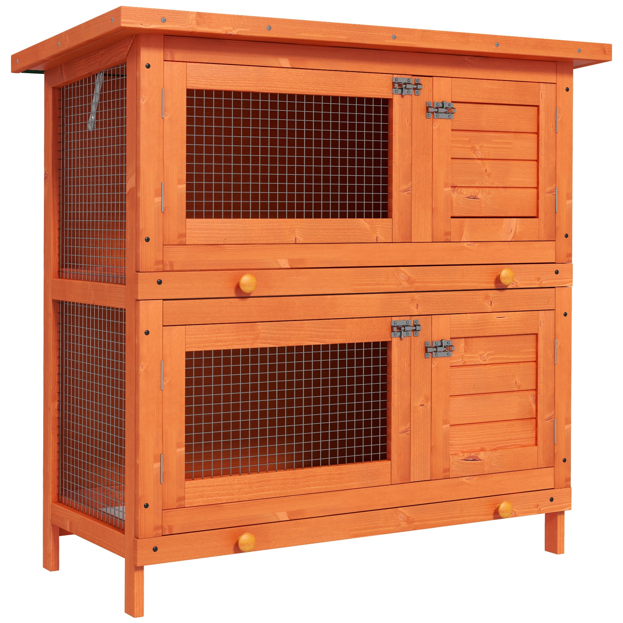 PawHut 2-Tier Wooden Rabbit Hutch, Small Animal House with 2 Rooms, Yellow