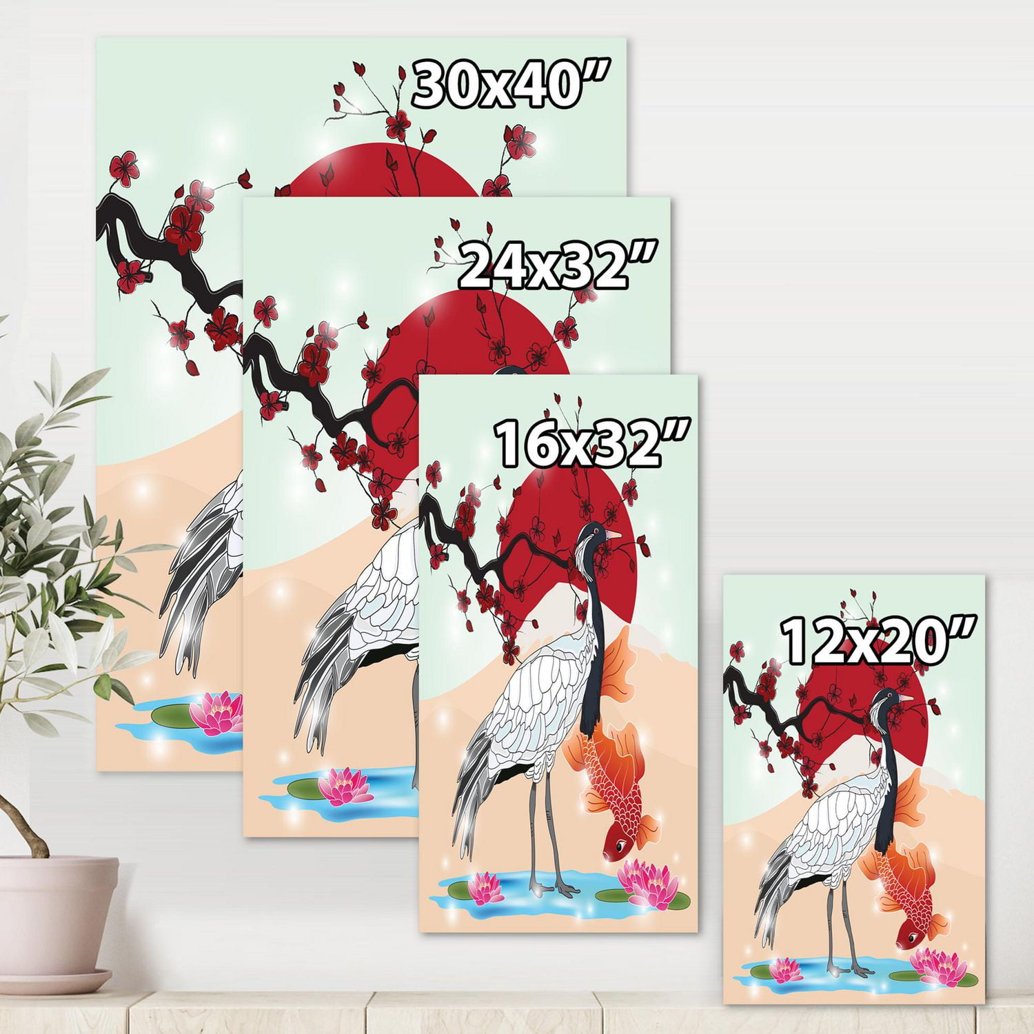 Designart Oiseau grue et poisson Koi Art mural sur toile