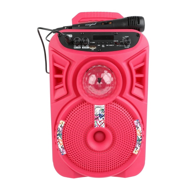 Justice Haut-Parleur Bluetooth Karaoke avec Lumières disco en Rose Vif avec une Grande grille de Haut-Parleur Circulaire aux accents Colorés de Style Graffiti, un Dôme disco à Facettes central, Panneau de Commande avec volume de Micro, Écho, port USB, Fente pour Carte TF, Entrée AUX, Interrupteur d'Alimentation, et un microphone Filaire Noir Posé sur le Dessus, Idéal pour les Fêtes et compatible avec la Plupart des Appareils Mobiles.