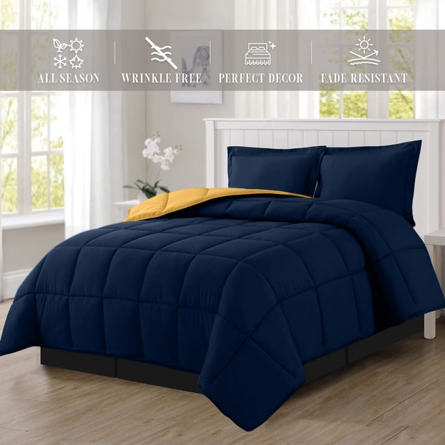 Mocassi Reversible 3-Piece Comforter Set with Matching Shams, Two Colors in One for Ultimate Versatility and Style, Full/Queen, Navy/Yellow