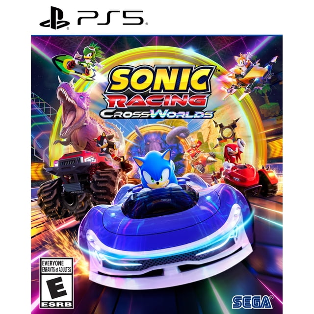 Sonic Racing: CrossWorlds PS5 game cover featuring Sonic driving a blue race car leading a race with Tails on a hoverboard, Knuckles in a red buggy, and Shadow in a monster truck, set against a glowing yellow Travel Ring portal and a purple dinosaur, showcasing fast-paced racing across 24 tracks and 15 CrossWorlds.