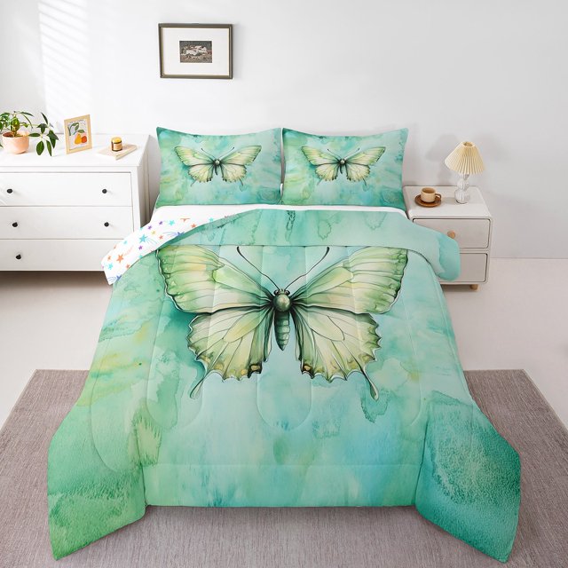 Erosebridal Ensemble de Literie Papillon Aquarelle Vert Grand, Couette Animal Mignon, Réversible 3 Pcs