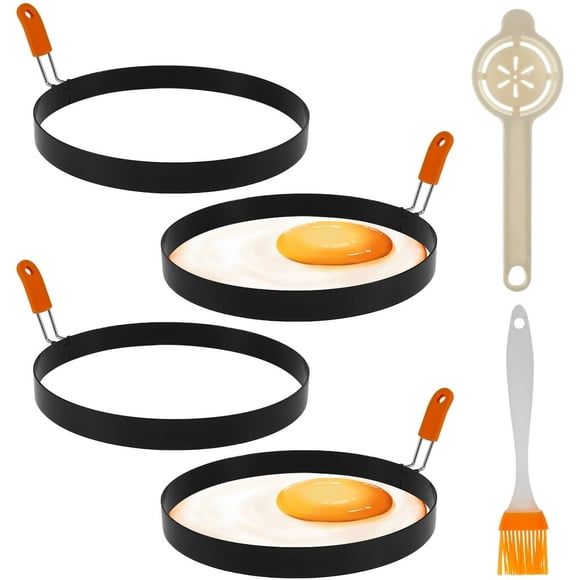 AMERTEER 4Pcs Egg Rings Set with Oil Brush and Egg White Separator Stainless Steel Egg Cooking Ring with Foldable Handle Non-Stick Round Egg Maker Crumpet Ring Mold Shaper Frying Egg Shap