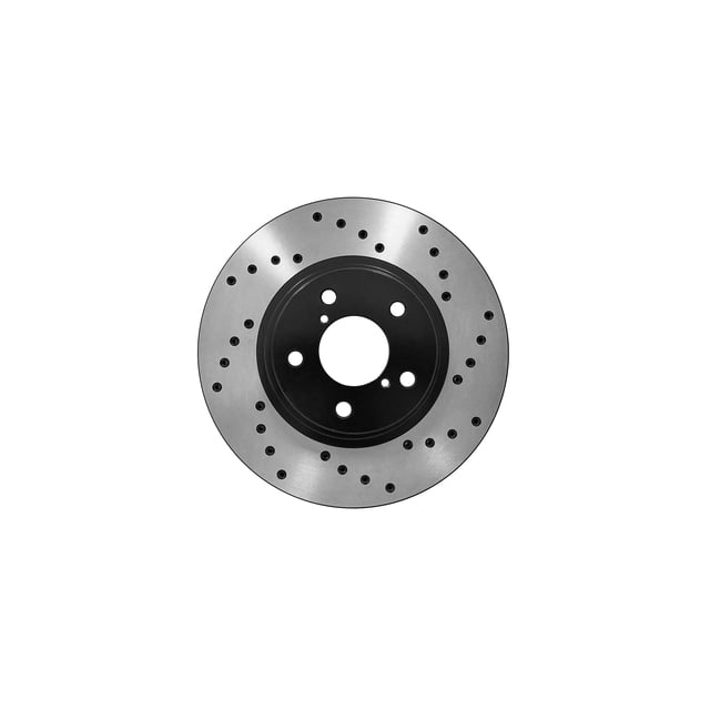 Front Cross Drilled Brake Rotors Ceramic Pads designed to fit 2007-2011 Toyota Camry. The image shows a single cross-drilled brake rotor with a metallic finish and a black central hub, suitable for automotive replacement parts.