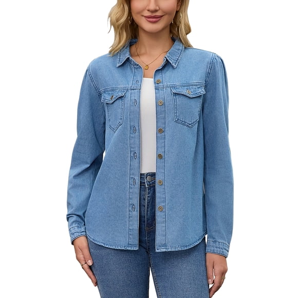 INSPIRE CHIC Women's Blouse Denim Long Puff Sleeve Button Down Shirts with Pocket Casual Work Jean Top 2XL Blue