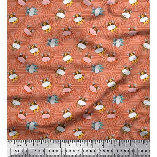 Soimoi Poly Georgette Fabric Triangle & Cow Cartoon Printed Fabric 1 Yard 42 Inch Wide