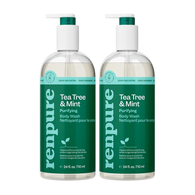 RENPURE Tea Tree & Mint Body Wash - Cleanses Invigorates & Refreshes Skin Without Over-Drying - For All Skin Types - Tea Tree Leaf Oil Spearmint Leaf Oil - 24 Fl Oz each 2 Pack