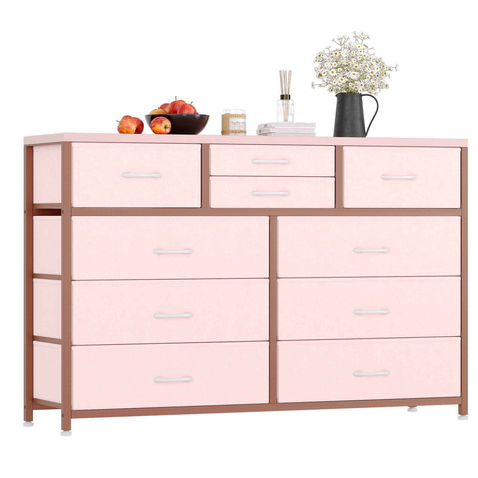 CazToi Multifunctional Rustic TV Stand Dresser 47 Inch Wide Chest of Drawers with 10 Fabric Drawers & Metal Frame