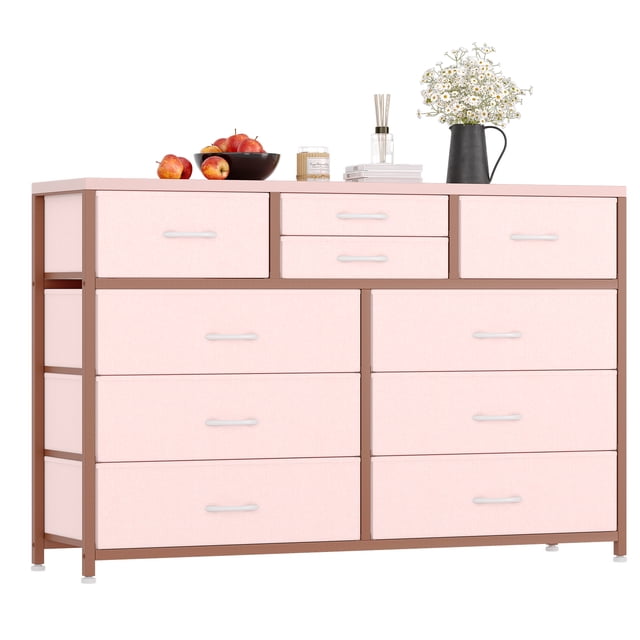 CazToi Multifunctional Rustic TV Stand Dresser 47 Inch Wide Chest of Drawers with 10 Fabric Drawers & Metal Frame
