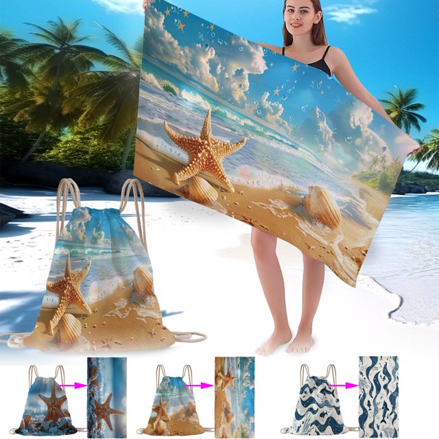 LSLJS Microfiber Beach Towel Oversized Beach Blanket Two-in-one Beach Bag-digital Printed Drawstring Bag, Beach Towel Bath Towels