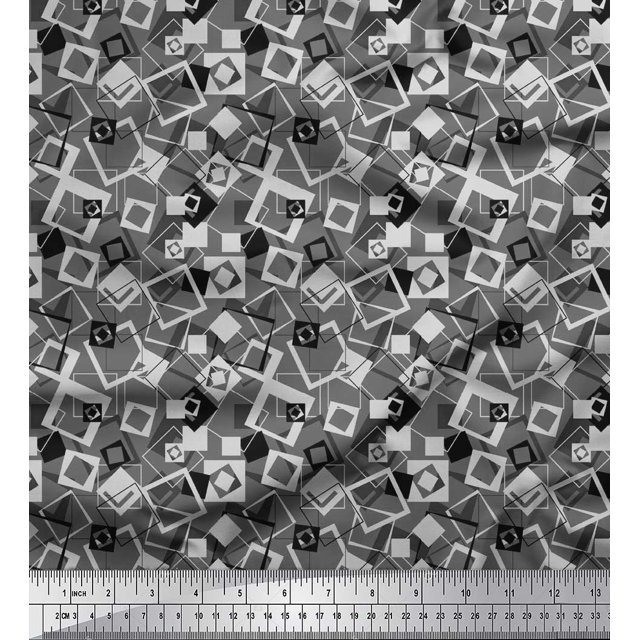 Soimoi Japan Crepe Satin Fabric Square Geometric Print Fabric by The Yard 42 Inch Wide