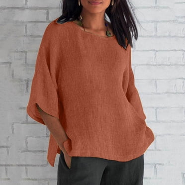 Chemises à Manches 3/4 pour Femmes, Mode Femmes Nouveau Style Chemises en Coton et Lin de Couleur Unie Coupe Ample Blouses à Col Rond Hauts Décontractés d'Été pour Dames