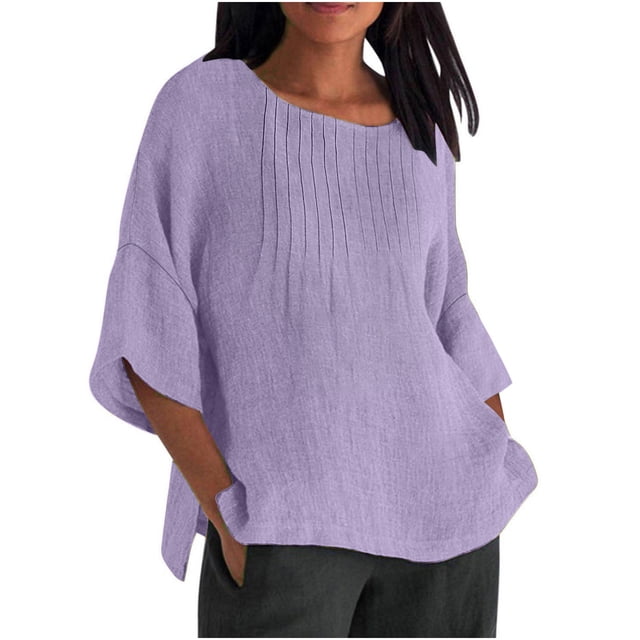 Liquidation d'Économies! Hauts pour Femmes Grande Taille, Chemise d'Été pour Femmes à la Mode Plissée à Manches 3/4 Col Rond Imitation Coton et Lin Chemise Ample Blouse