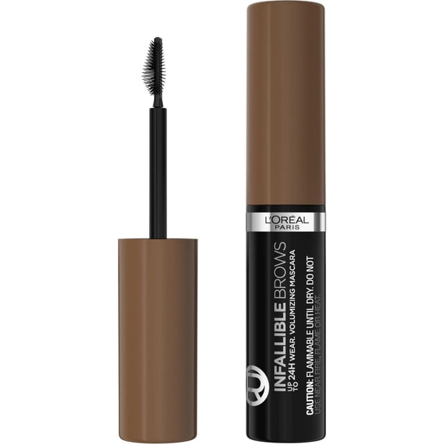 L'Oréal Paris Infallible 24H Volumizing Brow Mascara, 4 mL, with a brown cap and black tube displaying product branding and caution, featuring a micro gripping brush for precise application to volumize and hold brows up to 24 hours, suitable for all brow types.