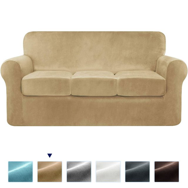 Housse de Canapé Extensible en Velours 4 Pcs 2024, Housse de Protection Séparée pour Coussins (Canapé Sable)
