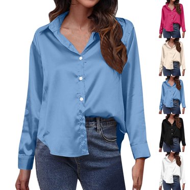 breaise Blouses en Satin pour Femmes, Chemises en Soie à Boutons, Col en V, Manches Longues Retroussables, Décontractées et Amples, Hauts de Bureau, Or, S