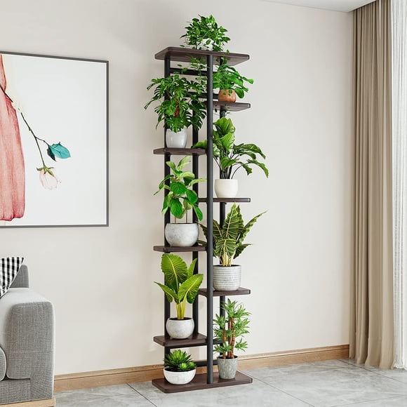 Plant Stand 8 Tier 9 Potted, Multiple Flower Pot Holder Shelf, Wood and Metal Tall Plant Display Rack Storage Organizer for Indoor, Outdoor, Garden, Patio, Balcony