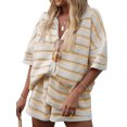 thumbnail image 1 of FOCUSNORM Women Pajamas Set 2 Pieces Loungewear Suits Stripe Contrast Color Button Crochet Knit Tops and Shorts Lounge Sets, 1 of 9