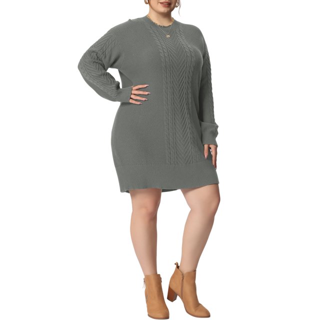 GRACE & GRANDEUR Robe Chandail Grande Taille pour Femmes à Manches Longues en Tricot, Chandail Court, Robes Chandail Gris 4X