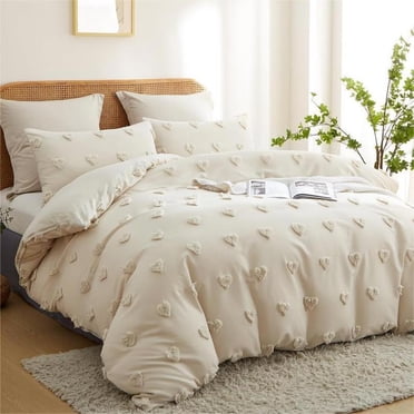 Nayoroom 3 Pieces Beige Tufted Heart Dot Queen Duvet Cover Boho Ultra Soft Jacquard Embroidery Shabby Chic Washed Microfiber Bedding Set