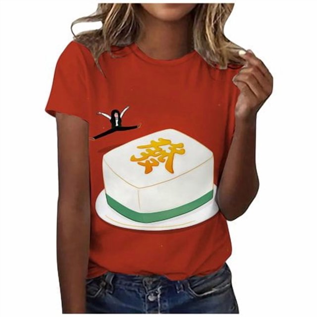 LUOGENLI T-shirts pour Femme pour Femmes T-shirts Classiques Quotidiens à Manches Courtes Rétro Mah-Jong Tendance Décontracté Col Rond T-Shirt T-shirts Amusants pour Femmes T-shirts Graphiques Vêtements d'Été Rouge G