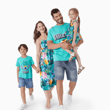 Disney Stitch Family Matching Tropical Flower and Plant Hawaii Style Sleeveless Halter Dress/Cotton Tee