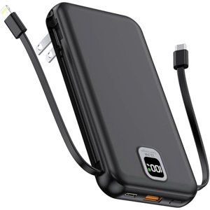 Portable Charger with Built-in Cables & AC Wall Plug 10000mAh Power Bank Fast Charging USB C for iPhone Samsung Android Phone QC22.5W&PD20W External Battery Pack Travel Accessories(Black)