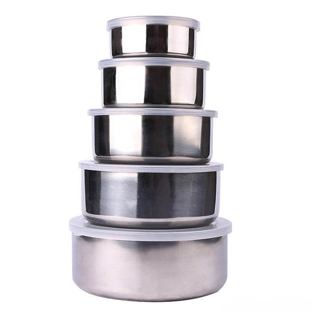 zanvin Stainless Steel Mixing Bowl Set with Clear Plastic Lids (5 Piece) featuring five nesting bowls in varying sizes, each with a clear plastic lid. Made of durable stainless steel, ideal for food prep, baking, serving, kitchen storage, and home organization. Sizes range from 280ml to 1580ml.