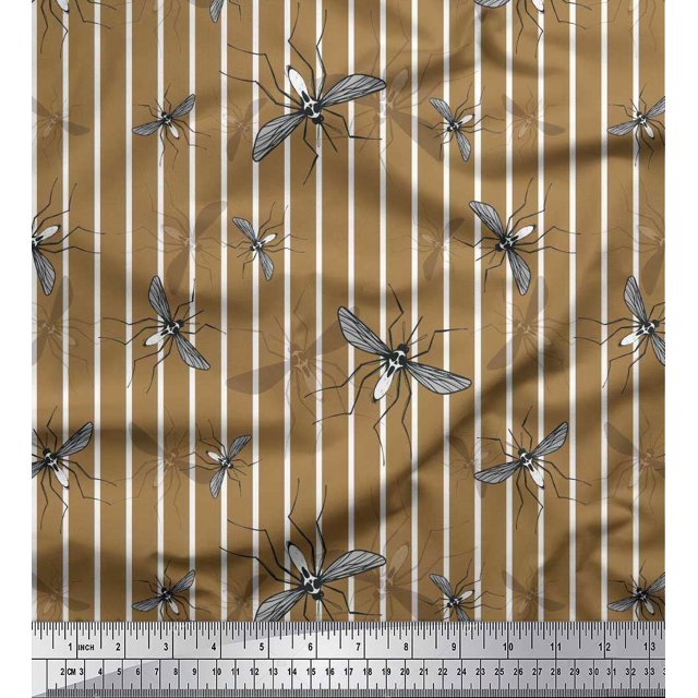 Soimoi Brown Rayon Crepe Fabric Stripe & Mosquito Insects Print Fabric by the Yard 46 Inch Wide