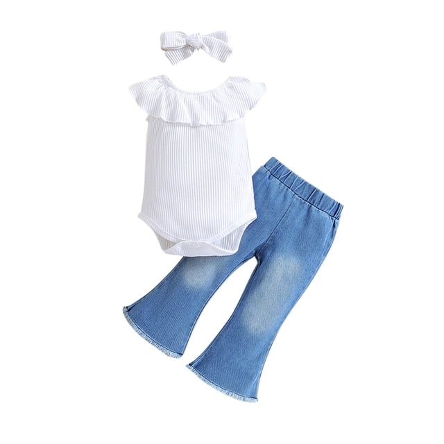 Plebaso Baby Girls Two-Piece Sets Sleeveless Round Neck Tops Flared Denim Pants Kids Summer Clothes