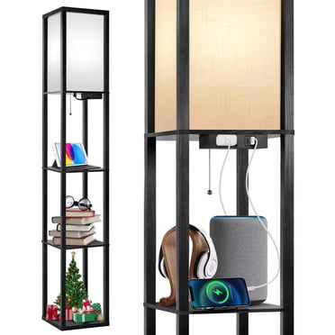 OUTON Floor Lamp with Shelves, Tall Standing Lamp, 3 Color Temperatures with USB Ports & Type C Prots, Linen Shade for Bedroom Living Room, Black