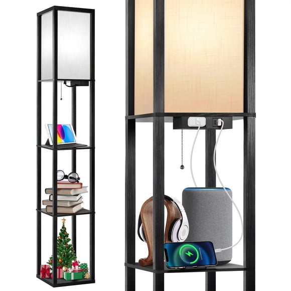 OUTON Lampe sur Pied avec Étagères, Grande Lampe sur Pied, 3 Températures de Couleur avec Ports USB et Ports Type‐C, Abat‐jour en Lin pour Chambre et Salon, Noir