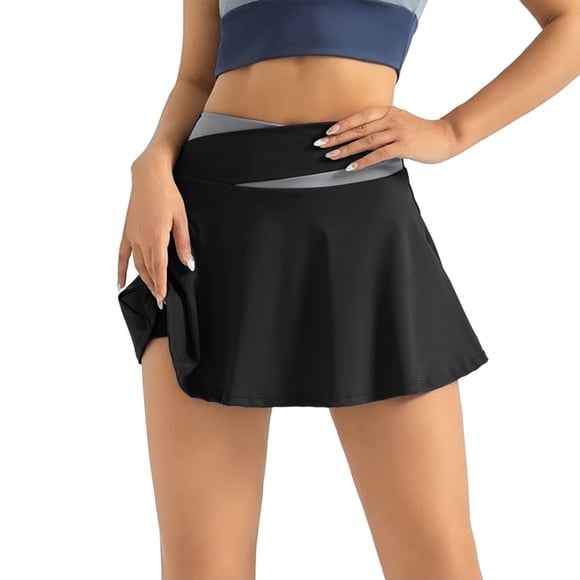Aocisk Ladies Athletic Tennis Skirt with Built-in Shorts Pockets High Waist Workout Pleated Design Lightweight Comfort Black L