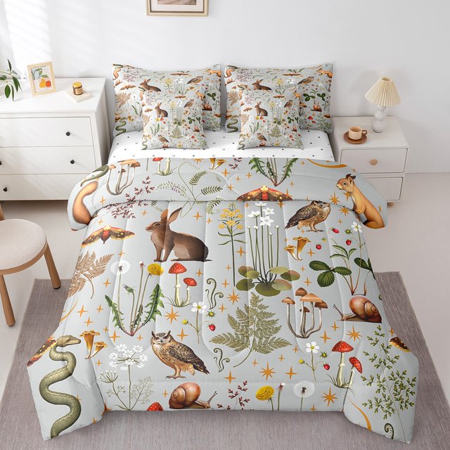 YST 7Pcs Mushroom Comforter Set with Sheets, Full Size, Boho Aesthetic Wild Animals Bedding Set