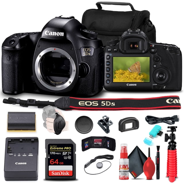 Canon EOS 5DS DSLR Camera (Body Only) (0581C002) + 64GB Memory Card + Card Reader + Case + Flex Tripod + Hand Strap + Cap Keeper + Memory Wallet + Cleaning Kit(International Model)